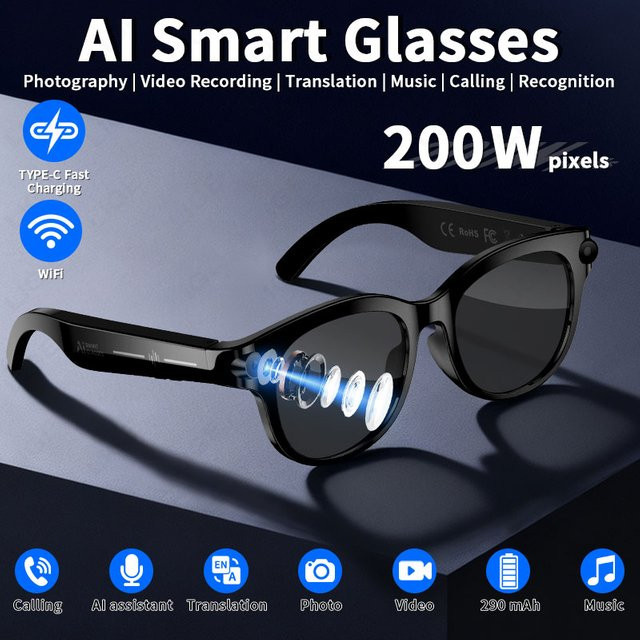 LIGE AI Smart-Brille in Schwarz mit 2MP-Kamera, Echtzeit-Übersetzung in über 100 Sprachen, Bluetooth für Anrufe und Videoaufnahme - Bild 1