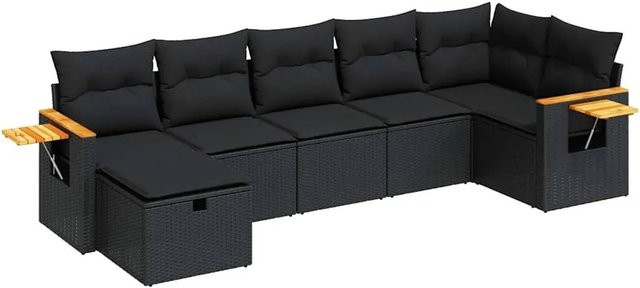 vidaXL 7-tlg. Garten-Sitzgruppe in L-Form mit Kissen, Schwarz - Bild 1