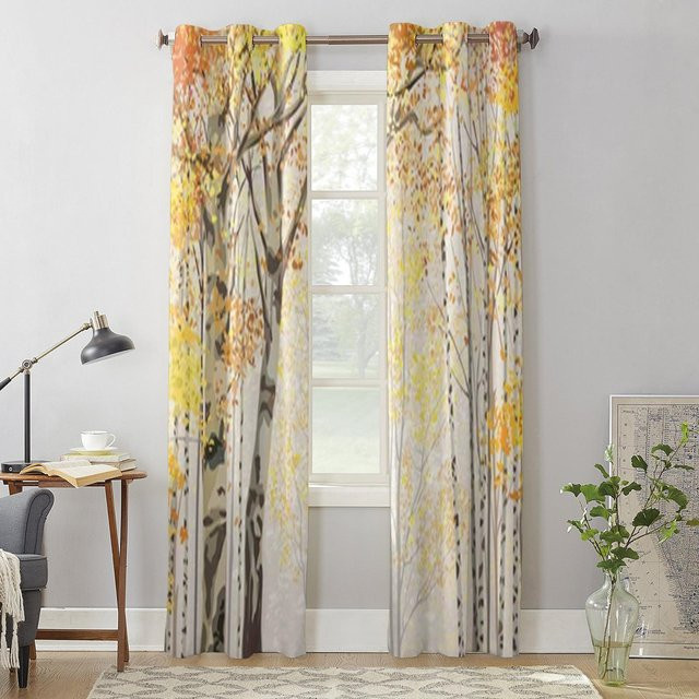 Binchi Outdoor Equipment Vorhänge mit Herbst Birke Wald Motiv, halbtransparent, Mehrfarbig, Breite: 135 cm, Höhe: 60 cm - Bild 1
