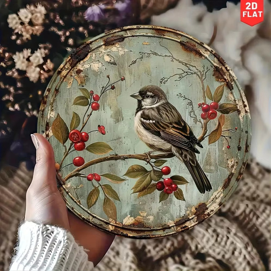Potdemiel Vintage Bird & Cherry Rundes Metallschild aus Aluminium mit floralem Motiv, Durchmesser: 20 cm, Mehrfarbig - Bild 2