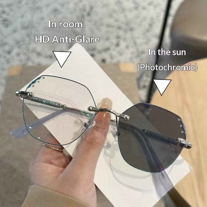 MDOD Korrektionsbrille, randlos, hexagonal, Metall, Damen, Photochrome, Anti-Blaulicht - Bild 2