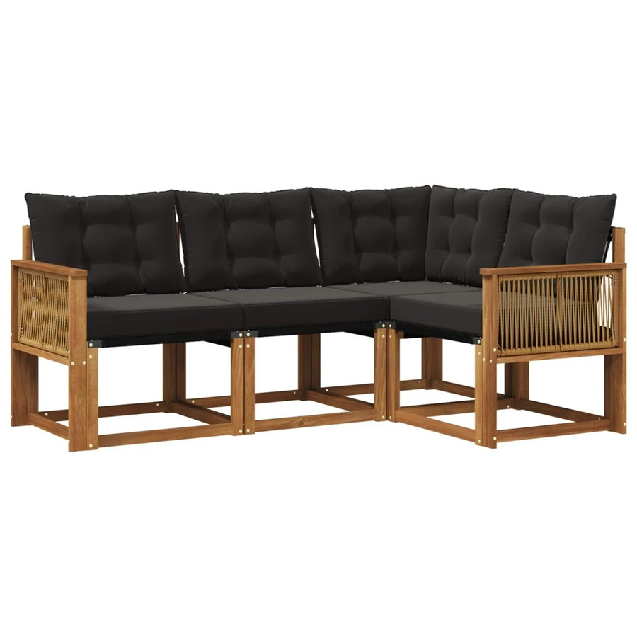 vidaXL Outdoor-Sofagarnitur L-Form aus Akazienholz und Textilene in Natur und Schwarz mit Kissen und Armlehnen - Bild 2