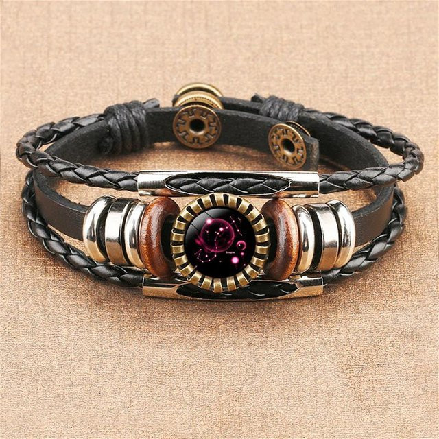 Three Meows Herrenarmband, schwarzes geflochtenes Leder, Glaskuppel - Bild 1