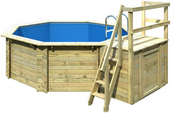 Karibu Achteck Holzpool Modell 1 B Set aus Fichte in Blau und Grau, B/T/H: 400 x 400 x 124 cm