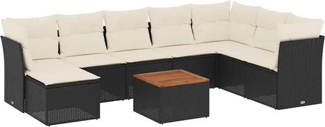 vidaXL 9-teilige Garten-Sofagarnitur in L-Form aus Poly-Rattan und pulverbeschichtetem Stahl mit Kissen in Schwarz-Creme - Bild 1