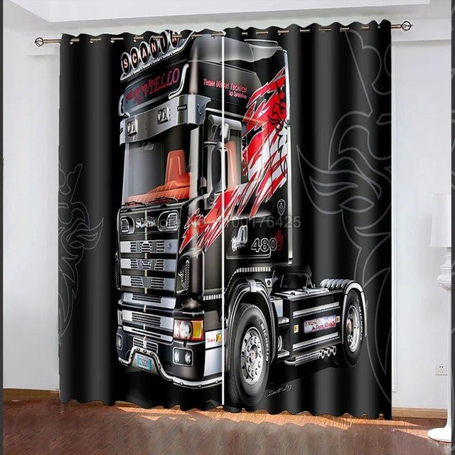 Verdunkelungsvorhänge mit 3D-LKW-Print von A Family Of Home Textiles, 2er-Set, Schwarz, Breite: 110 cm, Höhe: 240 cm - Bild 1