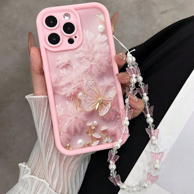 Handyhülle mit Schmetterling-Muster und Perlen-Charm für iPhone Modelle in Pink - Bild 1