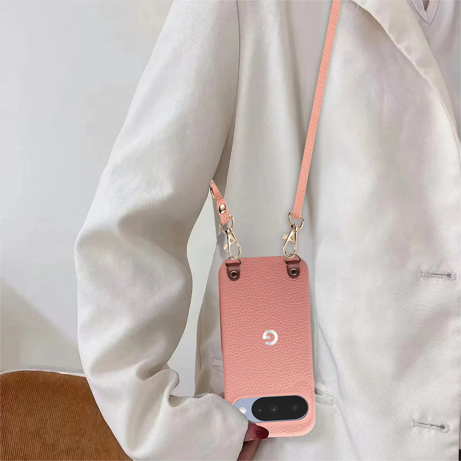 Premium Lederhülle mit Lychee-Muster für Google Pixel 11 Pro 10 9 Pro XL 8 10A 9A 8A als Crossbody Lanyard Halbschutz-Cover in Schwarz und Pink - Bild 2