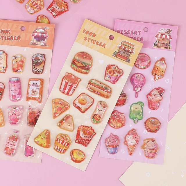 3D Geprägte Kristall-Kinderaufkleber mit niedlichen Cartoon-Motiven wie Hamburger, Eiscreme und Milchtee in Multicolour - Bild 1