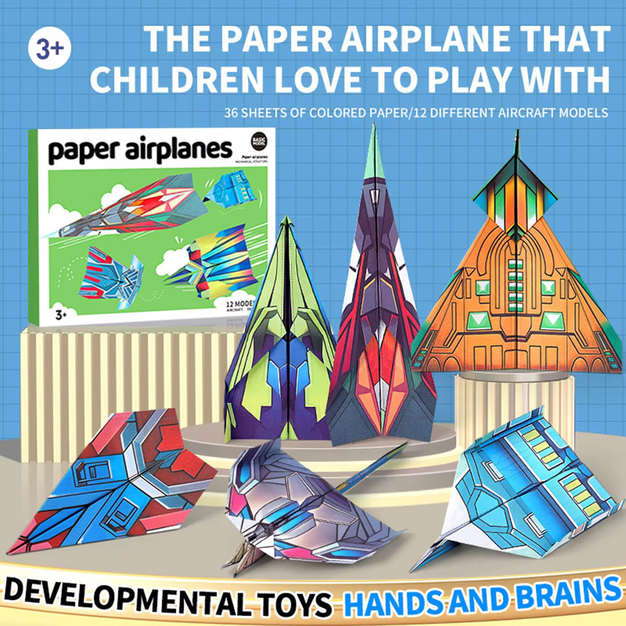 Papierflugzeug-Set mit 12 klassischen Designs aus buntem Origami-Papier für Schüler, Mehrfarbig - Bild 2