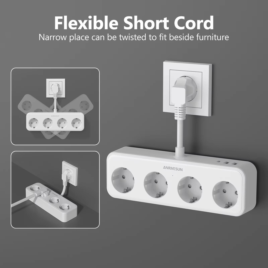 ANRMESUN EU-Steckdosenleiste in Weiß mit 4 AC-Steckdosen, 2 USB-A und 1 USB-C Anschluss sowie Überspannungsschutz und Schnellladefunktion - Bild 2