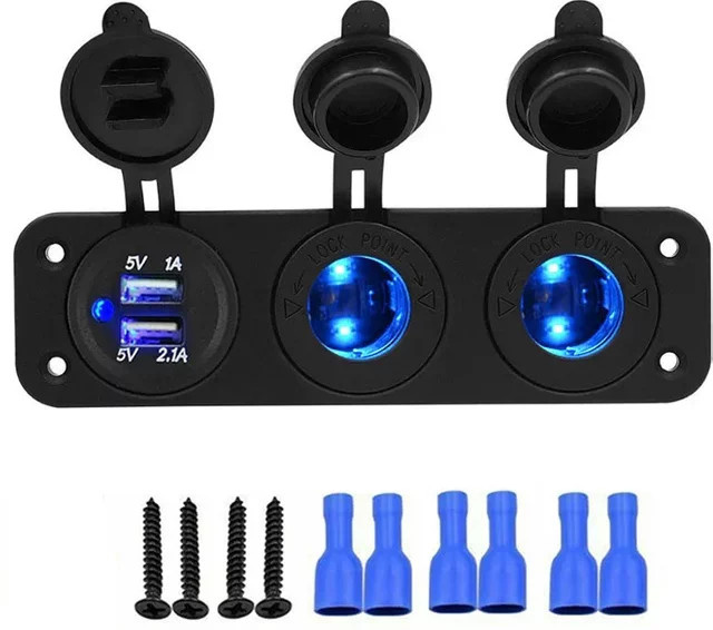 3-in-1-Panel-Buchse mit Dual-USB-Autoladegerät und zwei Zigarettenanzündern, 3,1 A, wasserdicht, Schwarz, für Boot, Wohnmobil und Wohnwagen - Bild 1