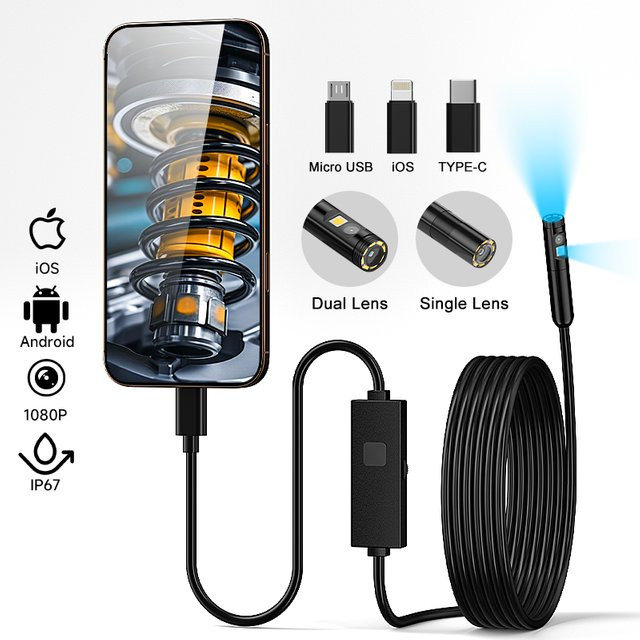 ZEMICAM 3-in-1 Telefon-Direktendoskop mit Dual-1080P-Kamera für iPhone, Type-C und Android, IP67 wasserdichtes Boreskop in Schwarz - Bild 1