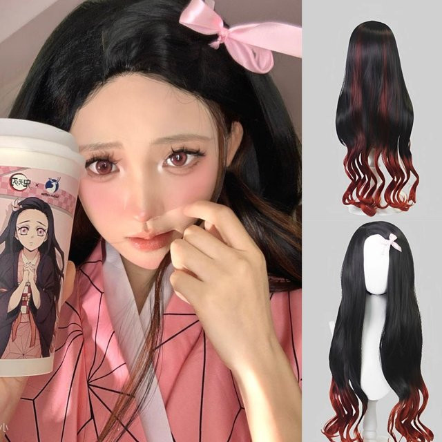 Nezuko Kamado Cosplay Perücke, lange lockige Synthetikperücke - Bild 1