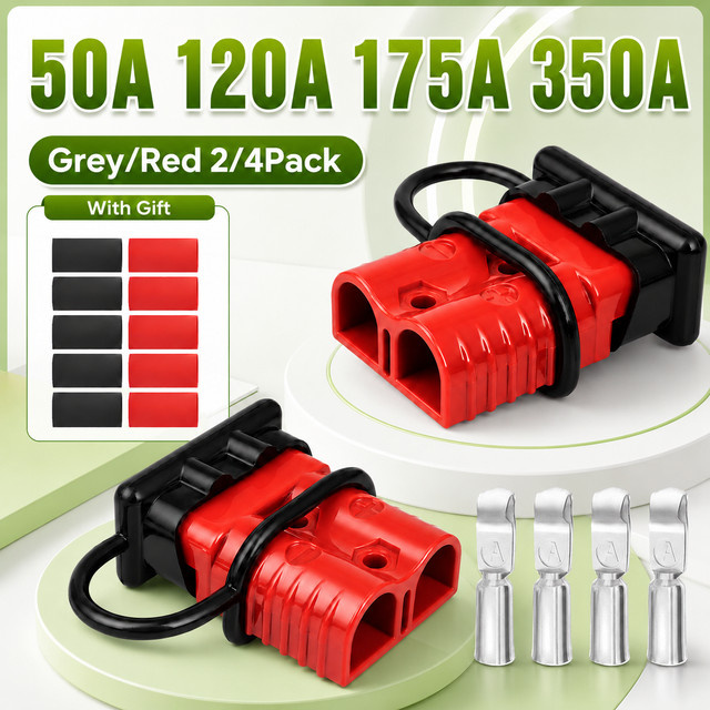 2/4er-Pack 2-Pin Autobatterie Schnellanschluss-Steckverbinder mit Staubschutzkappen, 50A 120A 175A 350A, 600V, Farben: Rot und Grau - Bild 1