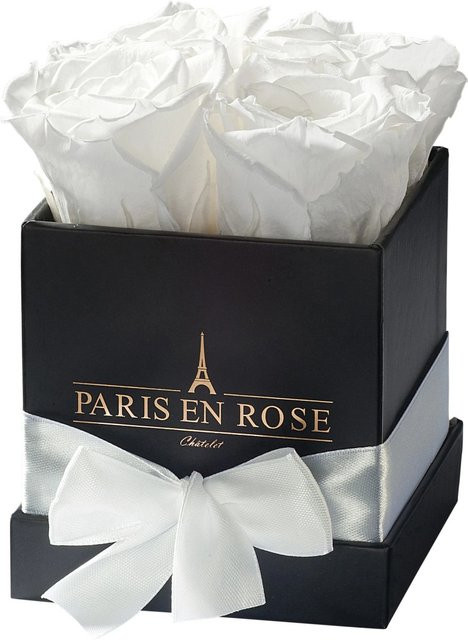 PARIS EN ROSE Rosenbox eckig in Schwarz mit 4 weißen Rosen und Schleife - Bild 1