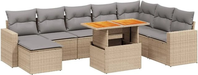 vidaXL 9-tlg Garten-Sofagarnitur L-Form aus Polyrattan und Akazienholz in Beige mit UV-beständigen Kissen - Bild 1
