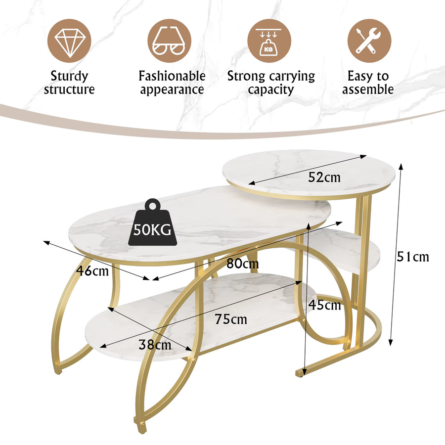 Rosahqnda Couchtisch-Set, 2-teilig, moderner 2-in-1 Sofatisch im Marmor-Look mit Stauraum, weiß und silber - Bild 2