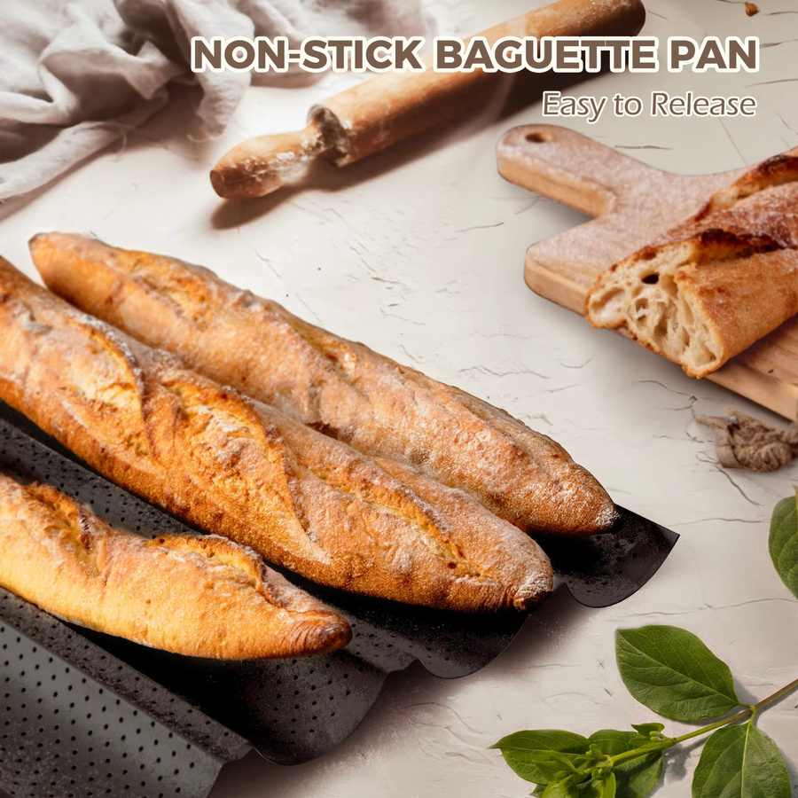 Rench Baguette-Backform aus Kohlenstoffstahl mit Antihaftbeschichtung, perforiertes Brottablett für 2 bis 4 Laibe, Schwarz/Silber - Bild 2