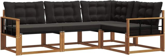 vidaXL Sofa Set L-Shape aus Akazienholz mit Textilene und Kissen, 4-teilig, Natur und Schwarz - Bild 1