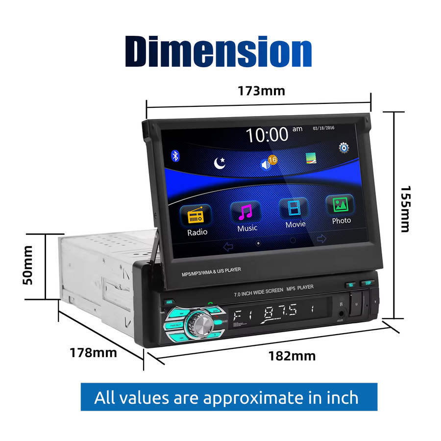 ESSGOO 7-Zoll Single DIN Autoradio mit ausklappbarem Touchscreen, Bluetooth Freisprecheinrichtung, USB, AUX-IN, TF und Mirror Link in Schwarz - Bild 5