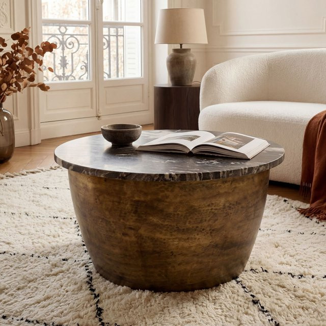 Runder Couchtisch von Finebuy mit Marmorplatte in Schwarz, Durchmesser: 60 cm - Bild 1