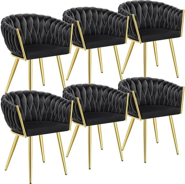 tectake Set Esszimmerstühle Astano, 6er Set, gepolstert mit Samtbezug und Knotendesign, Schwarz-Gold, B/T/H: 60,5 x 55 x 75 cm - Bild 2