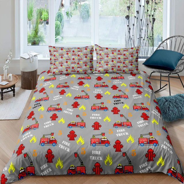 Bettwäsche-Set mit Feuerwehrauto-Muster für Kinder von Binchi Outdoor Product, Farbe Rot, King-Size, B/H: 264 x 228 cm - Bild 1