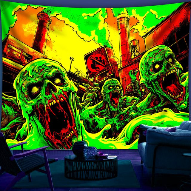 VIKAMA Industrieller Wandteppich mit neongrünem Totenkopf in Rauchfarben, abstrakte Wanddekoration für Wohnzimmer und Sofa, B/H: 60 x 40 cm - Bild 1