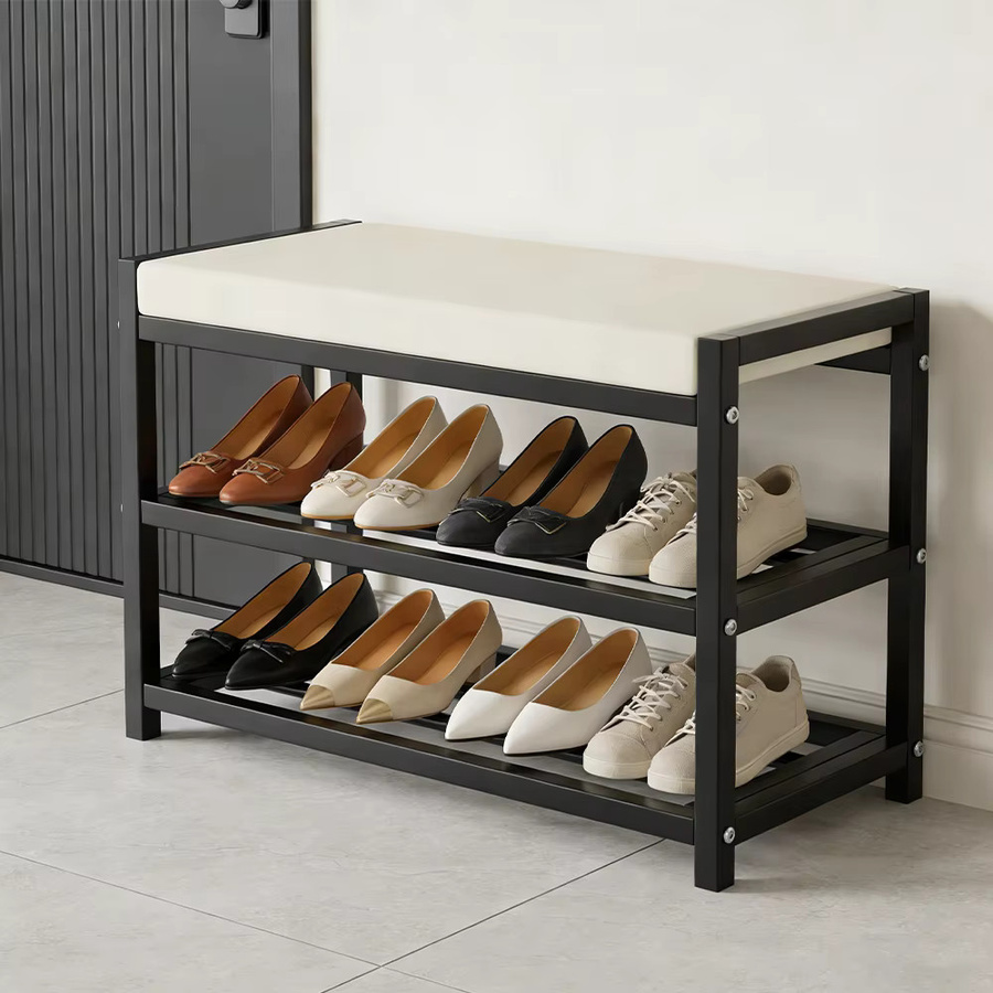 Schuhbank LONENESSL mit Schuhregal und Hocker in Weiß, moderne Sitzbank für den Eingangsbereich mit Stoffbezug und Metallgestell - Bild 6