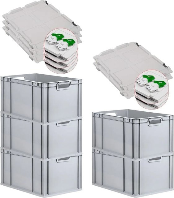 PROREGAL SuperSparSet 5x Eurobox NextGen Grip mit Scharnierdeckel und grünen Schiebeschnappverschlüssen, Grau, H: 32 cm, B: 40 cm, T: 60 cm - Bild 1
