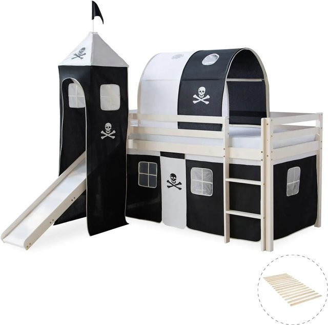 Homestyle4u Kinder Hochbett Pirat aus Kiefernholz mit Rutsche, Tunnel, Turm und Vorhang in Weiß und Schwarz, B/T/H: 207,5 x 96,5 x 110 cm - Bild 1