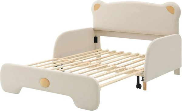 KOMHTOM Polsterbett in Bärenform als Kinderbett und Tagesbett aus Samt in Beige, B/T/H: 200 x 140 x 106,5 cm