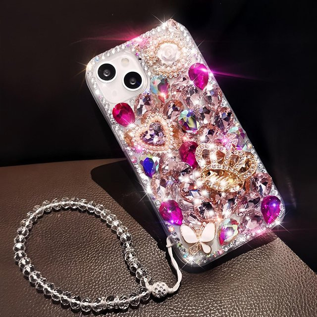 Songxiu Technology Glitzer Strass Handyhülle mit Kristall Krone Schmetterling und Perlen Design für iPhone 11 bis iPhone 17 Pro Max in Gold, Weiß und Multicolour - Bild 1