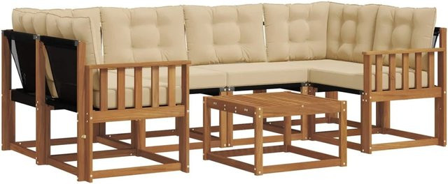 vidaXL Outdoor-Sofagarnitur 7-teilig aus Akazienholz und Textilene in Natur und Beige mit Kissen und Armlehnen - Bild 1