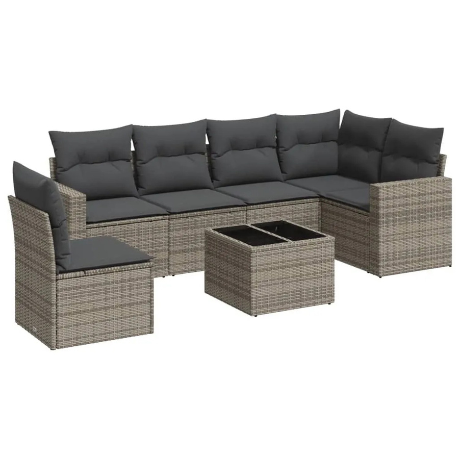 vidaXL 7-teilige Garten-Sofagarnitur in L-Form aus grauem Poly-Rattan mit Kissen und pulverbeschichtetem Stahlgestell - Bild 2