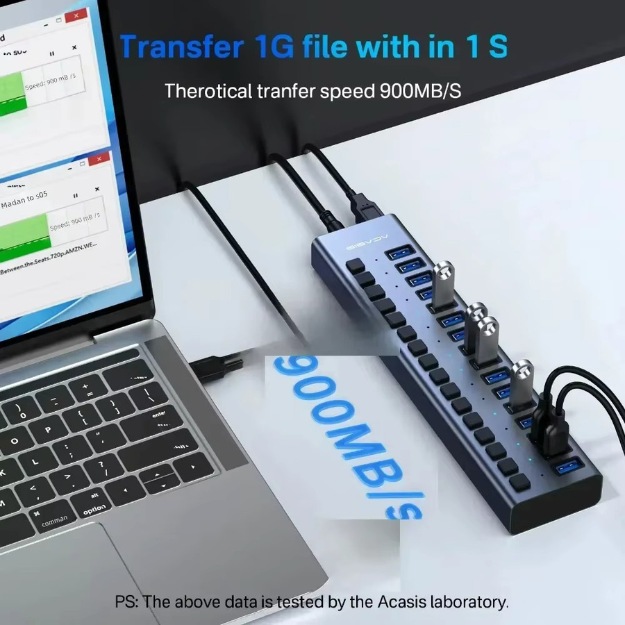 Acasis USB 3.2 Hub mit 16 Anschlüssen in Grau, 10Gbps USB-A und USB-C Splitter aus Aluminium mit Einzelschalter und Stromversorgung für PC und Laptop - Bild 3