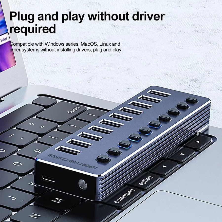 KEBIDUMEI USB 3.0 Hub mit 10/7 Ports und Ein/Aus-Schaltern aus Aluminium für PC - Bild 6