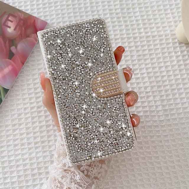 Diamant-Geldbörse Klapp-Lederhülle mit Strap für Apple iPhone 11 bis iPhone 17 Pro Max in Silber - Bild 1