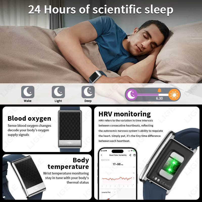 LIGE Smart-Armband ohne Bildschirm mit EKG, PPG, Herzfrequenz, Blutdruck, Stressmessung und Temperaturanzeige, wasserdicht, Unisex Fitness Tracker mit SOS-Funktion - Bild 3
