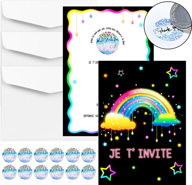 12-teiliges Set Geburtstagseinladungen mit Regenbogen- und Sternenmotiv, inklusive Kratzaufklebern und Umschlägen in Multicolor - Bild 1
