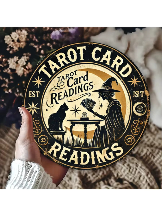 HELLOYOUNG Katzen-Tarot-Kartenleseschild aus Metall in Vintage-Optik, rund, Mehrfarbig, Durchmesser: 20 cm - Bild 5