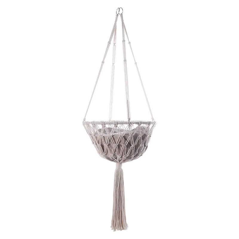 Otmagelu Katzenhängematte im Boho-Stil, handgewebte Katzenschaukel aus Textil, weiß, rund - Bild 2