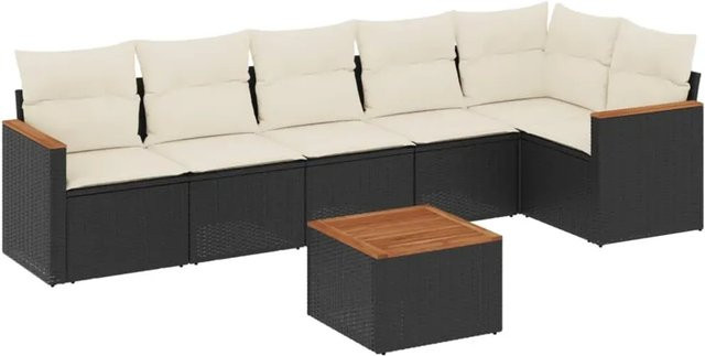 vidaXL 7-teilige Garten-Sofagarnitur in L-Form aus Poly-Rattan und pulverbeschichtetem Stahl mit Kissen in Schwarz-Creme - Bild 1