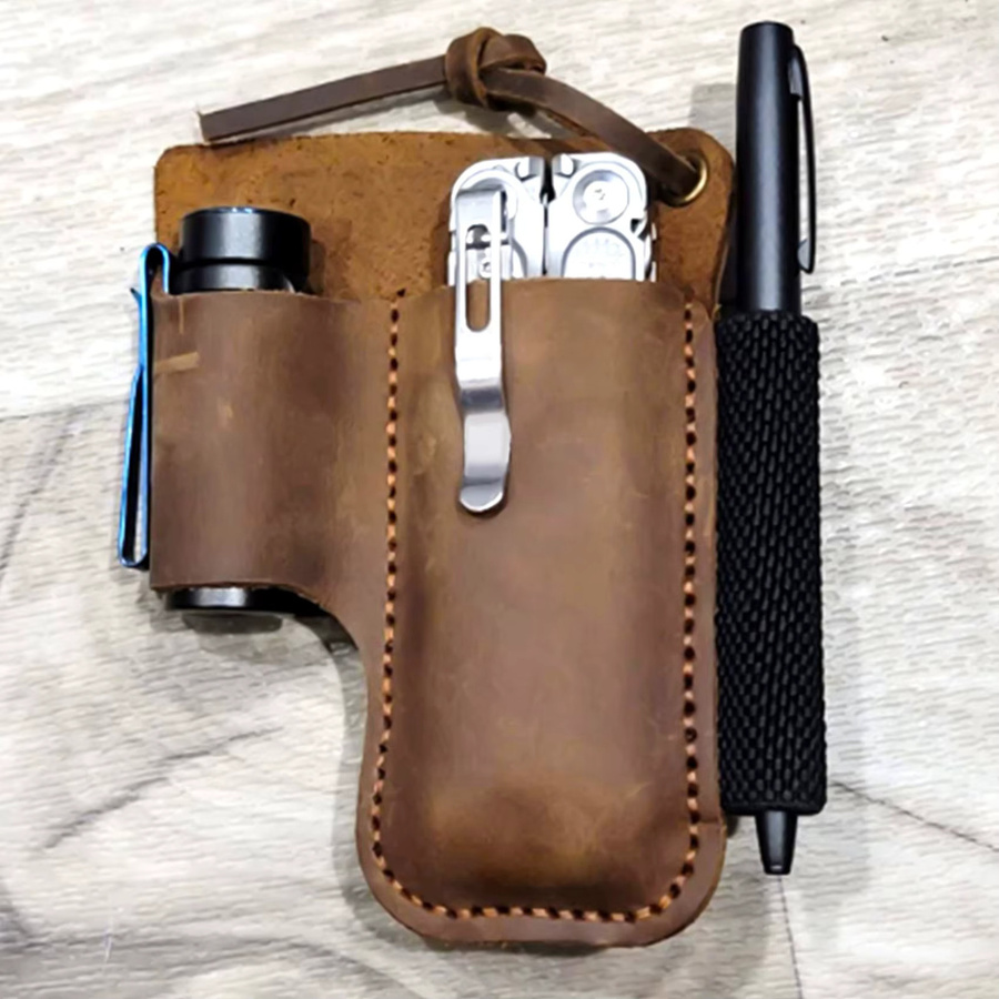 ABKY Handgefertigte Lederscheide für Klappmesser und Taschenlampen EDC Werkzeug in Braun - Bild 4