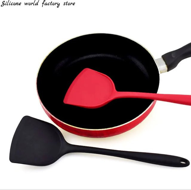 Silikonwelt Wok-Spatel aus lebensmittelechtem Silikon mit langem Griff für Antihaft-Beschichtungen in Schwarz oder Rot - Bild 1