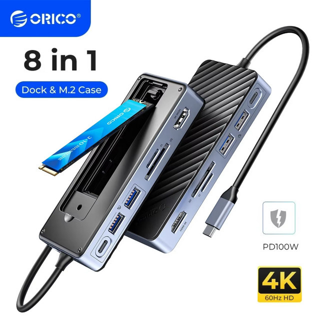 ORICO 8-in-1 USB-C Docking Station mit M.2 SATA/NVMe SSD Gehäuse, 10 Gbit/s, 4K60Hz HDMI, PD100W und RJ45 Ethernet, Grau - Bild 1