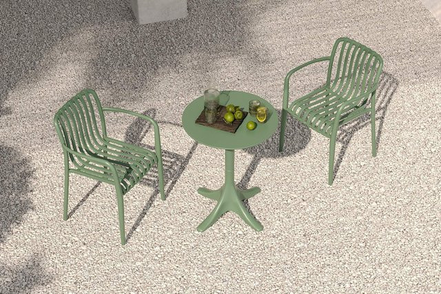 Villana Pico Soft Balkon-Set aus Kunststoff in Grün mit Tisch und 2 Stapelsesseln, wetterfest und UV-beständig, Tisch Durchmesser: 70 cm, Sessel B/T/H: 54 x 58 x 80 cm - Bild 1