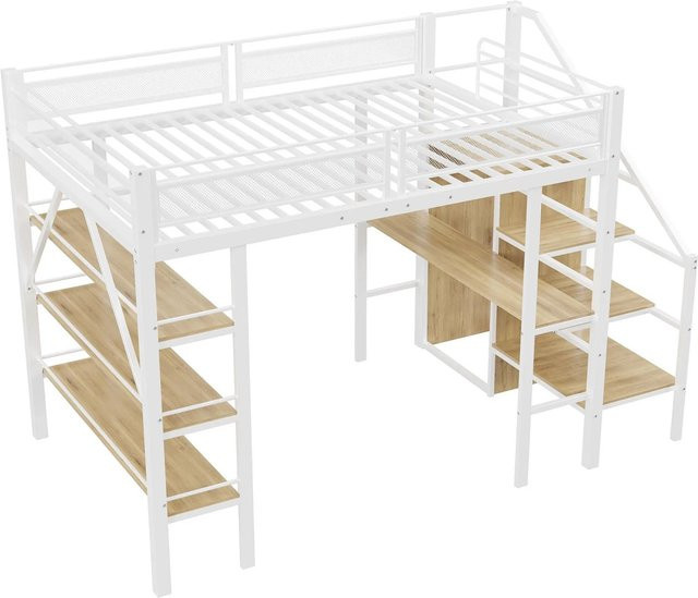 Merax Hochbett mit Tisch, Schrank und Regal in Weiß, B/T/H: 140 x 200 x 252 cm - Bild 1