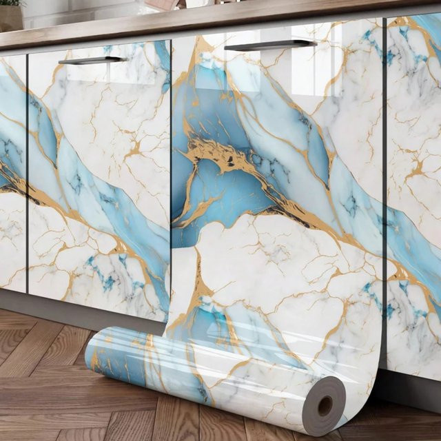 Wasserfeste Vinyl-Kontaktpapier Tapete von luck amy in Blau und Weiß mit abstraktem Marmor-Design zum Aufkleben für Küchenarbeitsplatten, Badezimmer und Wohnzimmer - Bild 1